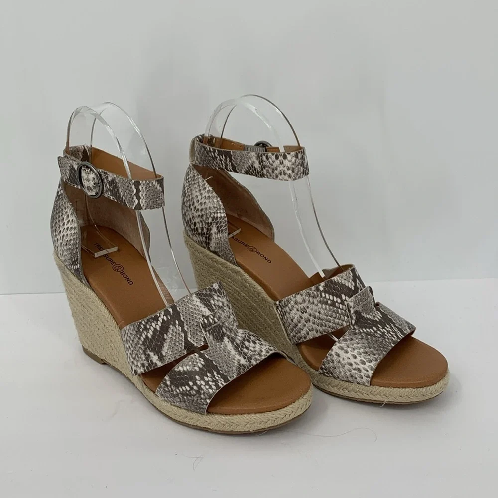 Treasure & Bond Poppy espadrille wedge sandals gray black snake ankle strap 7.5